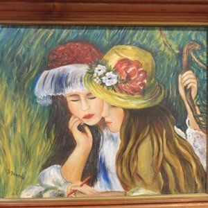 Original Signed Oil Painting Sisters Bestfriends in Fancy Hats Framed Art